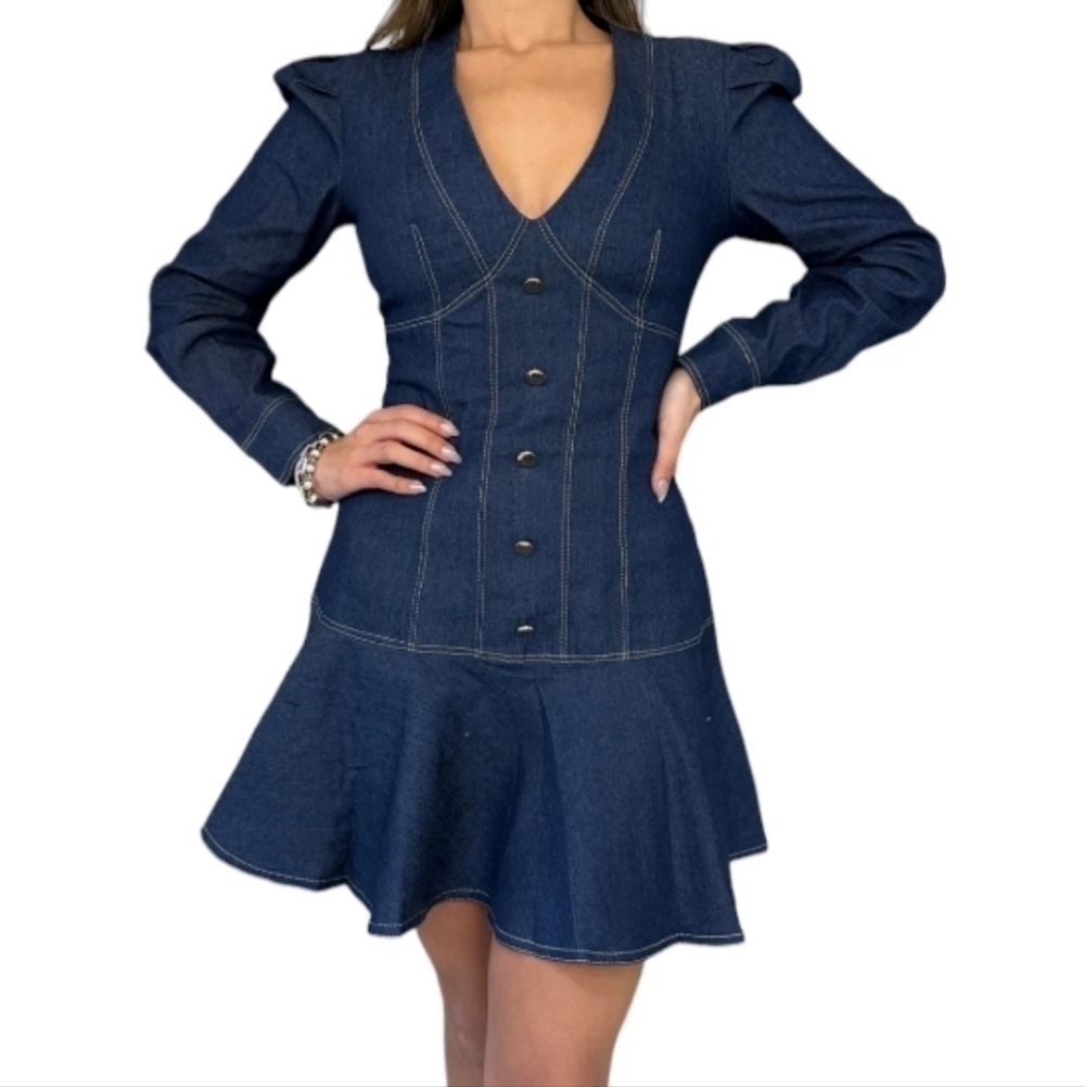 CBR  Blue Mini Ruffle Plunge Neckline  LongSleeve Dress Size Medium